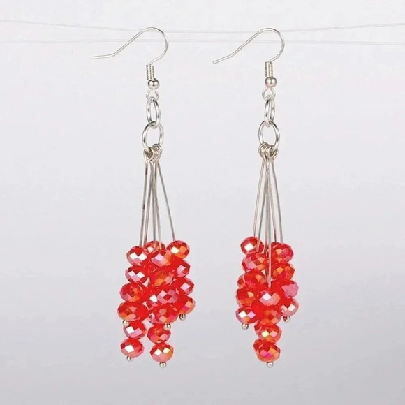 Red Faceted Austrian Crystal Multi Stacked Rondelle Drops Long Earrings - Picture 1 of 1